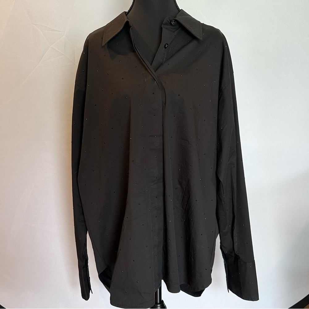 Good American Black Oversized Button Down Rhinestone Shirt